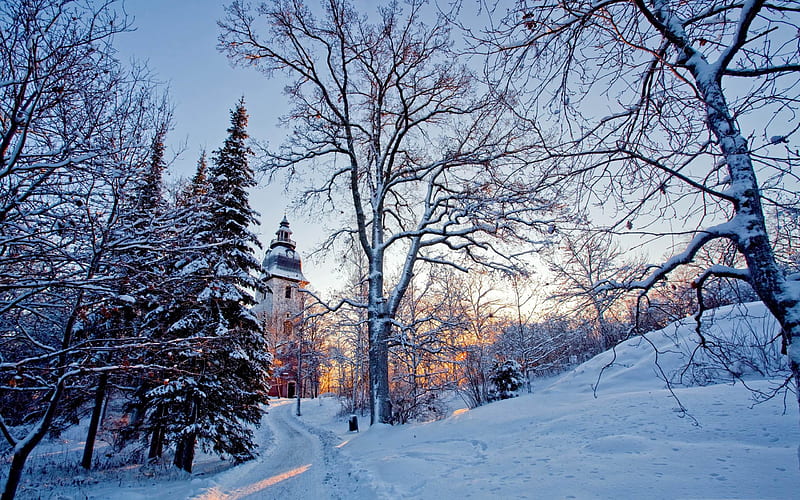 church tower-winter natural landscape, HD wallpaper