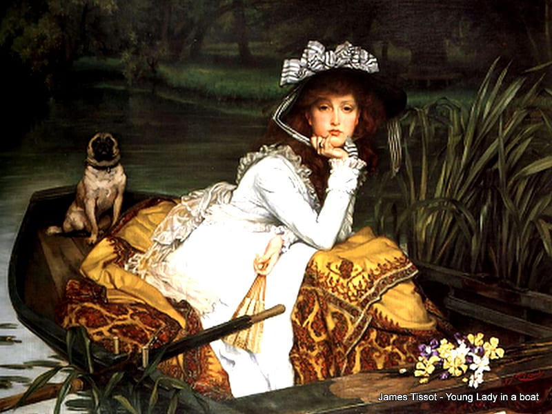 James Tissot - Young Lady in a boat, art, place, bonito, abstract, woman, lake, animal, pond, boat, tissot, painting, james, lady, james tissot, dog, HD wallpaper