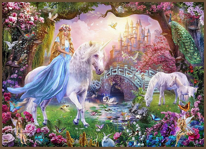 Princesa en unicornio, río, mariposas, castillo, caballos, hada, conejo, pájaros, Fondo de pantalla HD | Peakpx