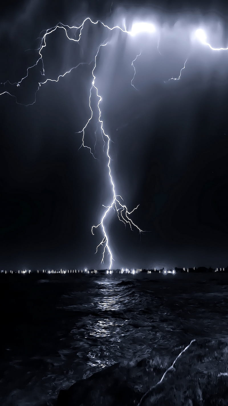 Lightning, light, painting, sea, HD phone wallpaper