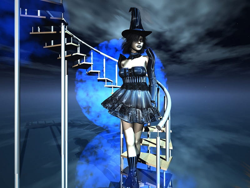 Sweet Witchy, witch, female, cg, spiral, abstract, woman, sweet, staircase, bluemoon, fantasy, 3d, girl, HD wallpaper