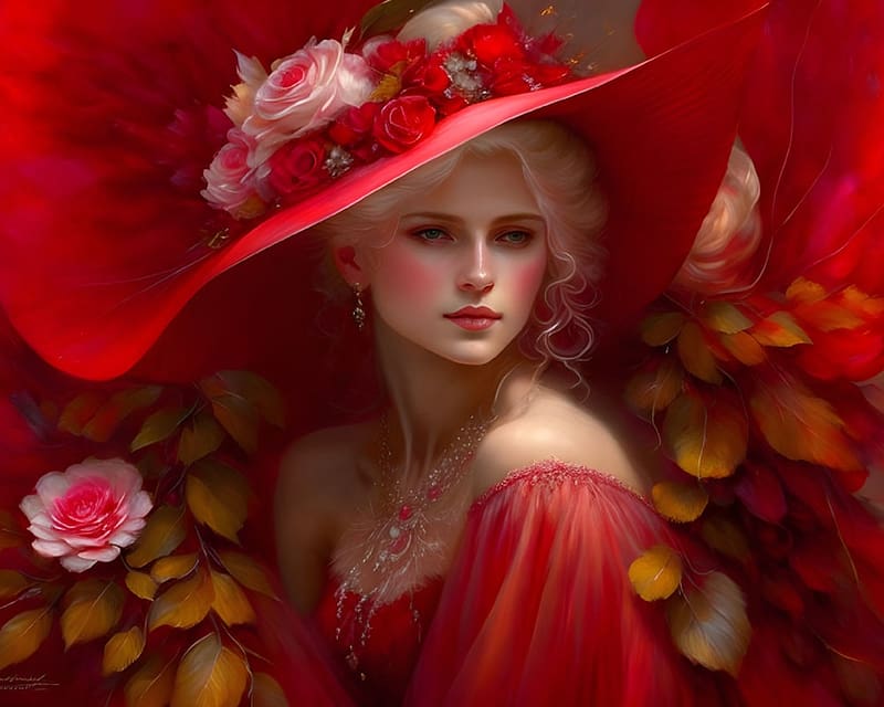 Blond woman in a broad-beam hat with flowers, woman, digital, abstract, fantasy, red, flowers, hat, HD wallpaper