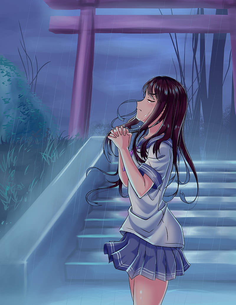 Girl, alone, tears, sad, rain, prayer, anime, HD phone wallpaper | Peakpx