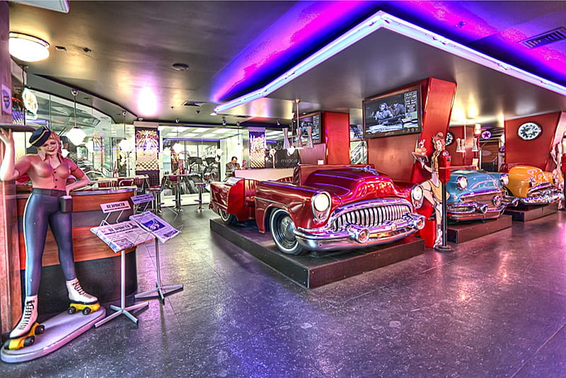 Beverly Hills Diner 1, retro, carros, waitress, skateboard, american, diner, server, vintage, HD wallpaper