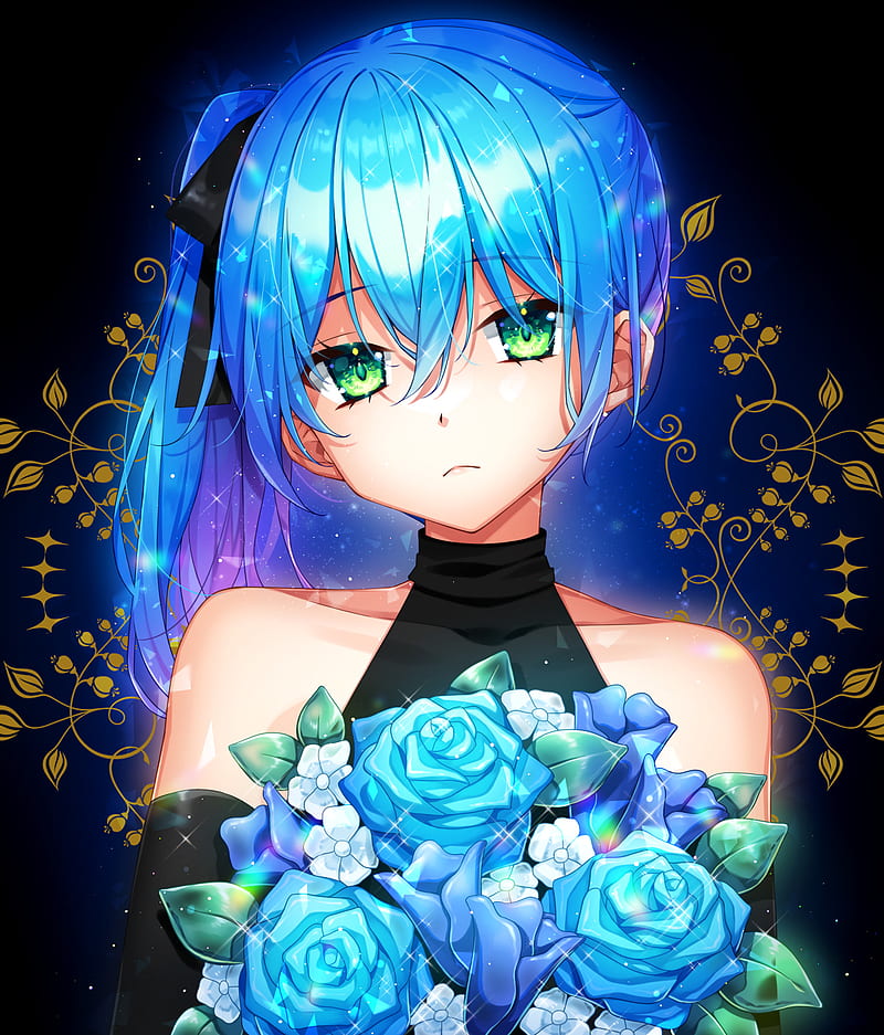 Girl, glance, bouquet, flowers, anime, art, blue, HD phone wallpaper |  Peakpx