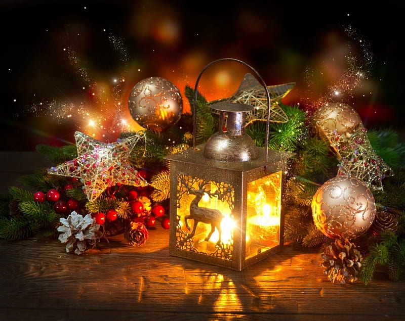 Christmas decorations, Stars, Christmas, lamp, Branches, Holidays, Balls, Candle, Pine cone, Christmas balls, light, HD wallpaper