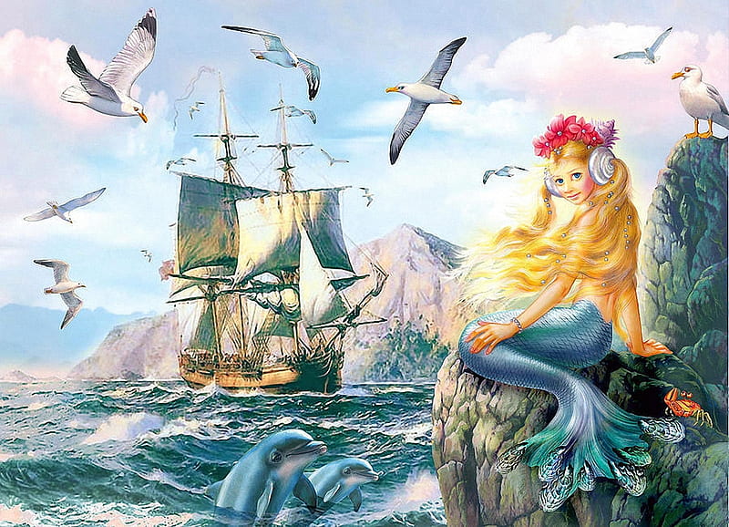 Mermaid Fantasy, sailship, sea, art, dolphins, ship, seagulls, HD ...