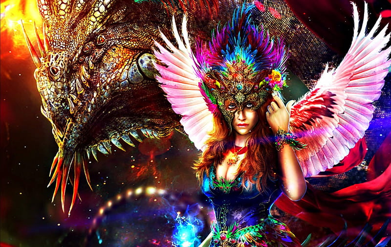 Guardian of the Queen, red, art, wings, angel, woman, dragon, fantasy, girl, zahid raz khan, pink, blue, HD wallpaper