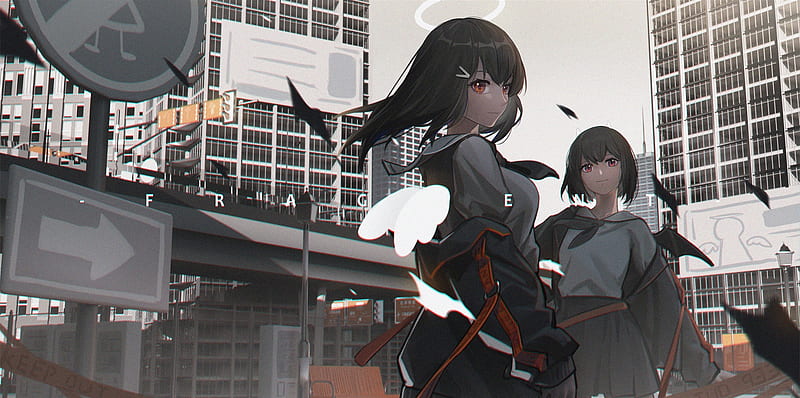 Anime girls, demons, buildings, friends, uniform, Anime, HD wallpaper ...