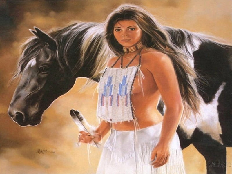 Desert Dawn, fantasy, Horse, painting, Native American, women, HD wallpaper