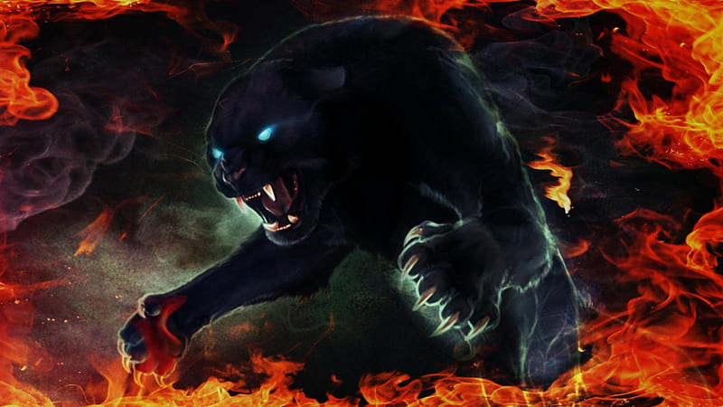 Fiery Black Panther, fire, panthers, 3d and cg, black, abstract, big cats, HD wallpaper