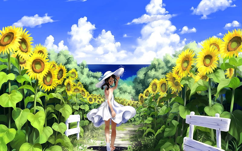 Girl in Sunflowers Field, Sunflower Field, Sunflower, Anime, Anime Girl, HD  wallpaper | Peakpx