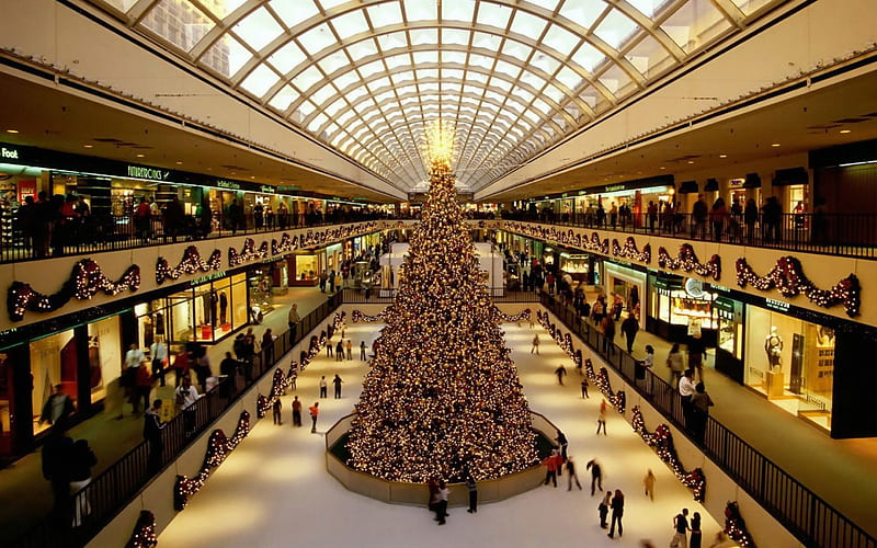 Houston Galleria at Christmas, tree lights, holidays, shopping malls, christmas, HD wallpaper