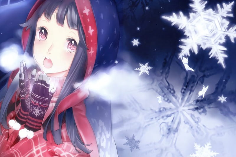 Cold winter, pink eyes, female, manga, winter, cold, gloves, girl, snow ...