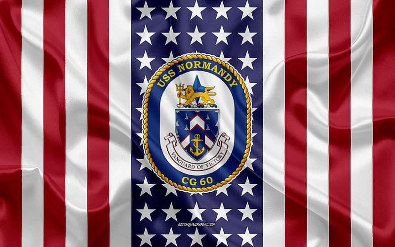 USS Normandy Emblem, CG-60, American Flag, US Navy, USA, USS Normandy Badge, US warship, Emblem of the USS Normandy, HD wallpaper