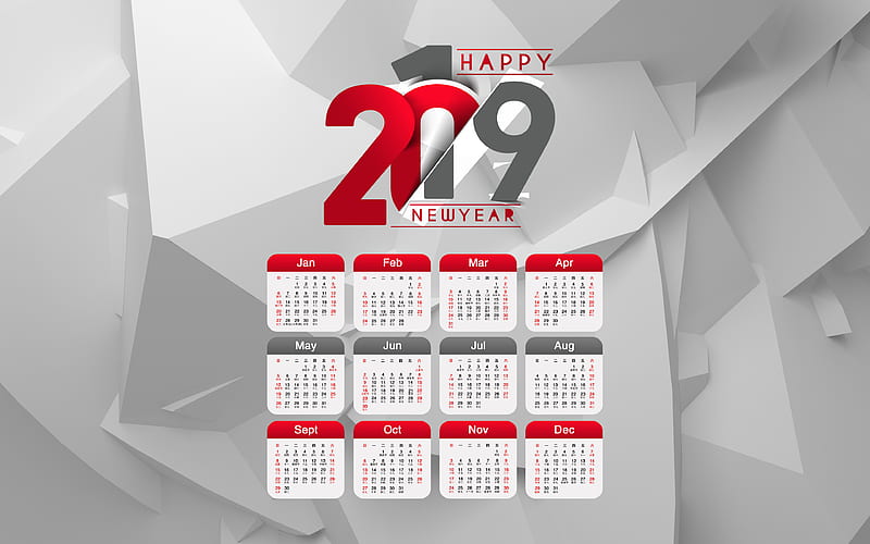 Red Calendar 2019 gray bakcground, 2019 Yearly Calendar, creative, Calendar 2019, abstract art, Year 2019 Calendar, artwork, 2019 calendars, material design, 2019 calendar, HD wallpaper