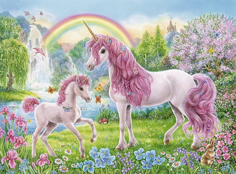 Unicorns, cute, fantasy, green, unicorn, white, baby, pink, HD wallpaper