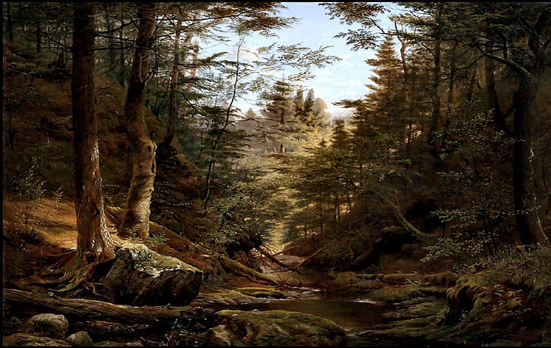 1800's New York Wilderness 2, forest, art, USA, trees, artwork, wilderness, New York, painting, wide screen, scenery, landscape, HD wallpaper