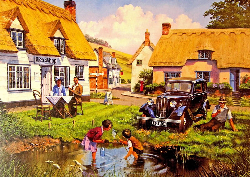 Tea Shop, pond, people, houses, car, village, artwork, vintage, HD wallpaper