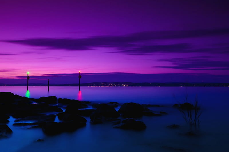 lilac-purple sunset over the sea, lilac, purple, sunset, over, sea, HD wallpaper