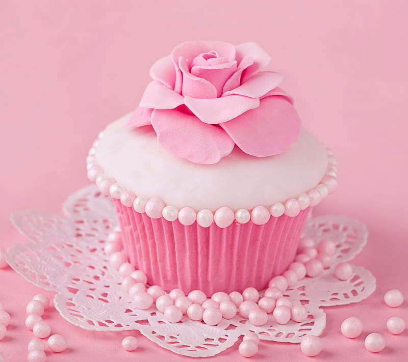 Pink Cupcake, cake, color, decoration, rose, sweet, HD wallpaper