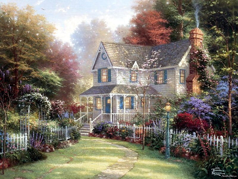 Victorian Garden, fence, house, victorian, kincade, painting, flowers, garden, light, HD wallpaper