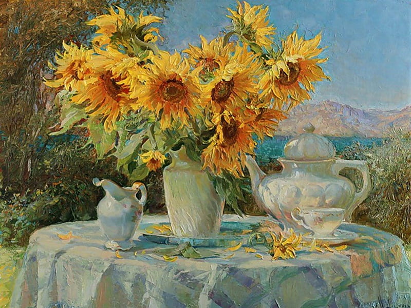 Yellow Table Setting 1, table, art, romance, tea, artwork, floral, still life, love, painting, flower, beauty, HD wallpaper