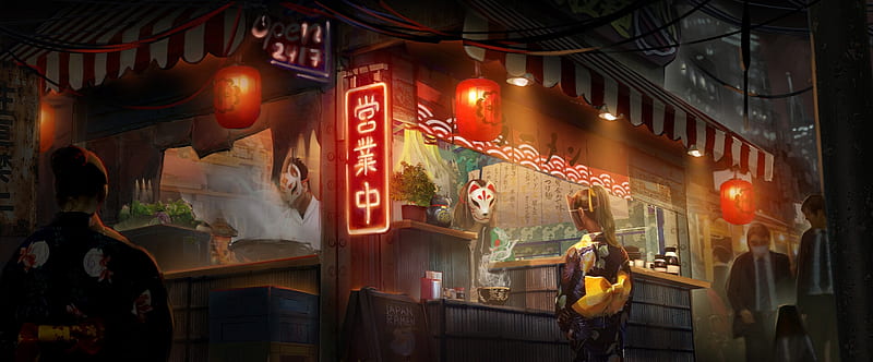 Japan Food Stall, red, art, world, frumusete, food, wenchying, wen chyi ng, fantasy, japan, girl, people, night, light, HD wallpaper