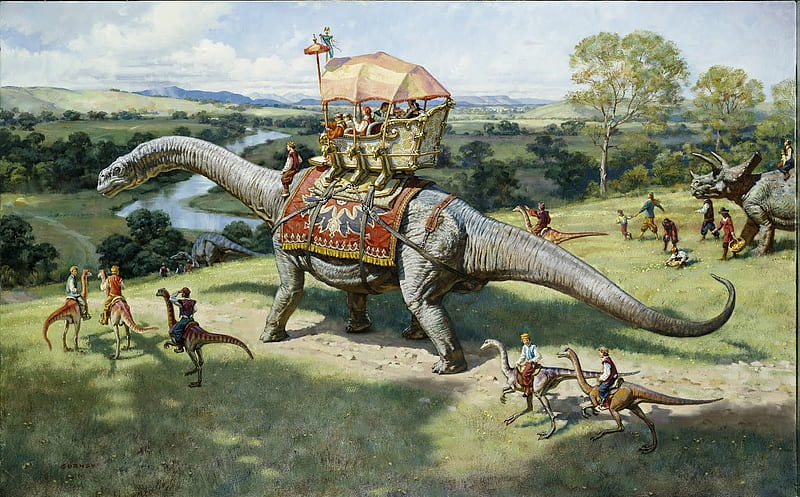 Dinotopia, prehistoric, fantasy, ancient, people, HD wallpaper
