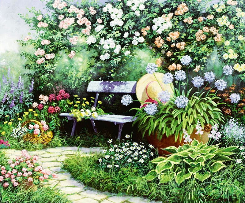 Amazing Rose Garden, painting, bench, blossoms, path, roses, artwork, hat, HD wallpaper