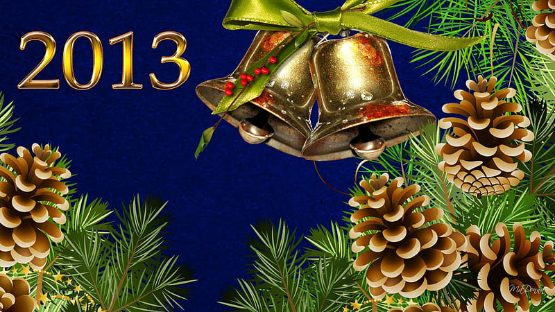 Ring in the New Year, feliz navidad, christmas, new years, ribbon, pine cones, 2013, pine, fir, bells, blue, celebrate, spruce, HD wallpaper