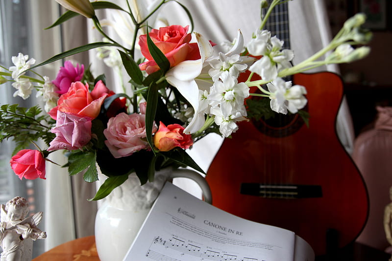 Music of Flowers, still life, flowers, guitar, music, HD wallpaper