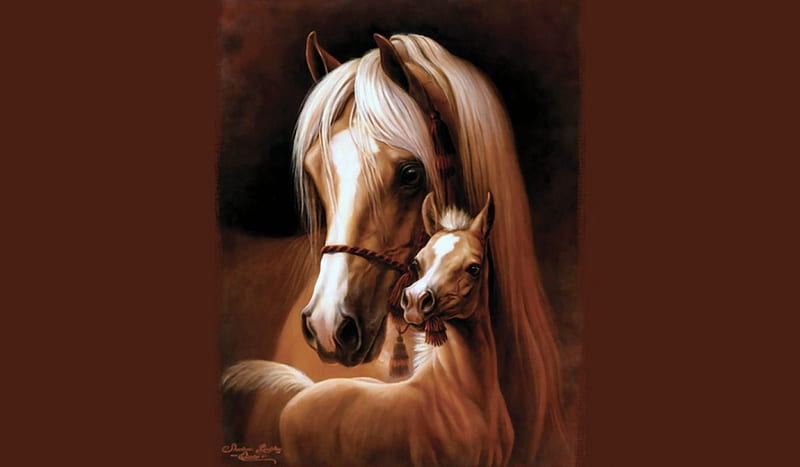 Mom and Me - Horses F1C, art, colt, equine, bonito, foal, horse, artwork, animal, painting, wide screen, mare, HD wallpaper