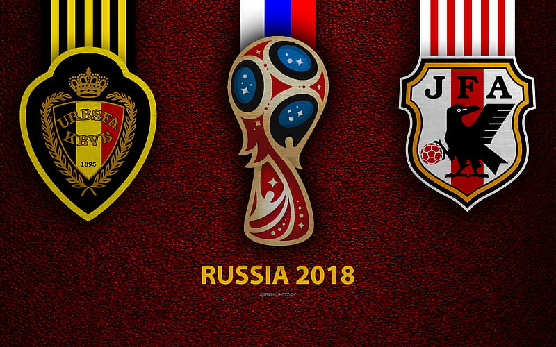 Belgium vs Japan, Round 16 leather texture, logo, 2018 FIFA World Cup, Russia 2018, July 2, football match, creative art, national football teams, HD wallpaper