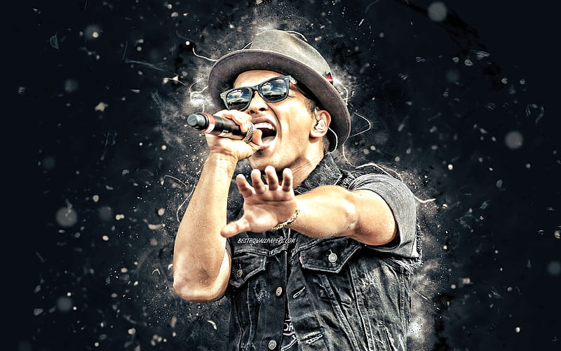 Bruno Mars Cantante Estadounidense Luces De Neon Blancas Estrellas De La Musica Fondo De Pantalla Hd Peakpx
