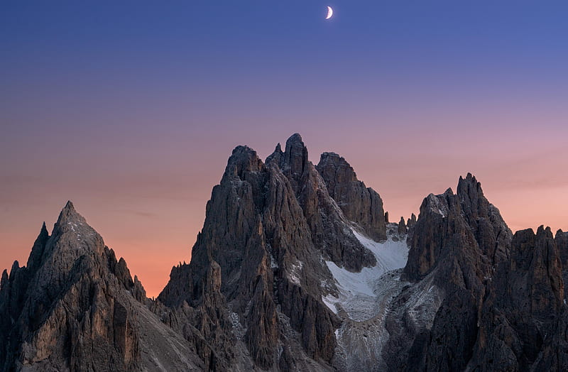 Sunset And Moonrise In The Italian Dolomites, sunset, nature, mountains, HD wallpaper