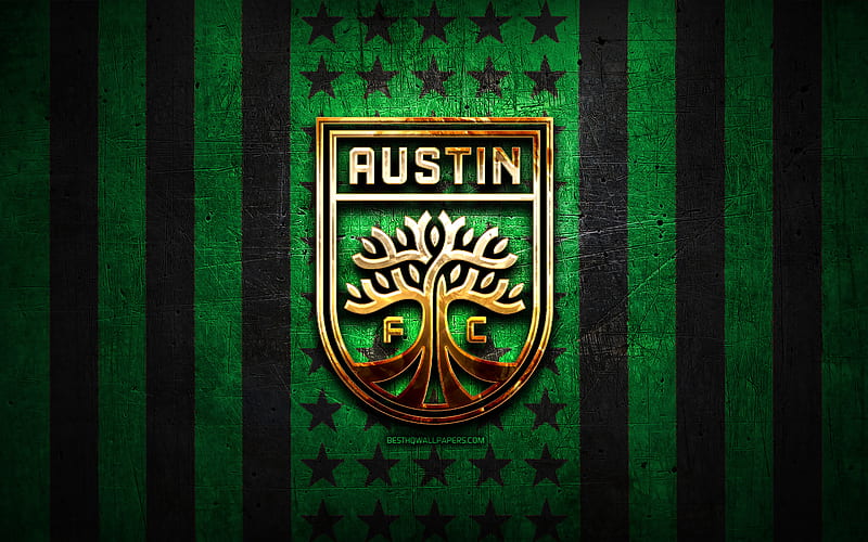 Austin FC flag, USL, green black metal background, american soccer club, Austin FC logo, USA, soccer, Austin FC, golden logo, HD wallpaper