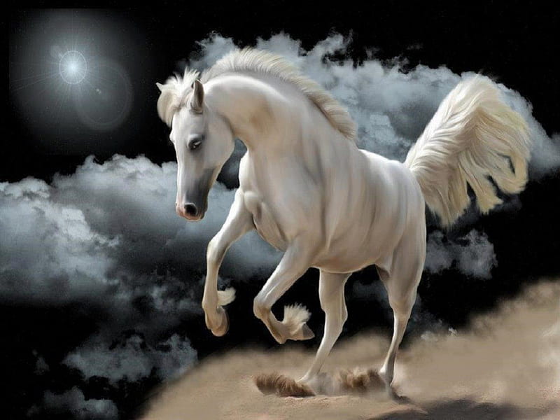 White Beauty, fantasy, moon, horse, clouds, abstract, sky, animals, HD wallpaper