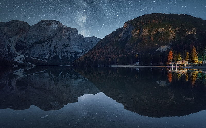 night, mountain lake, rocks, mountains, mountain landscape, HD wallpaper