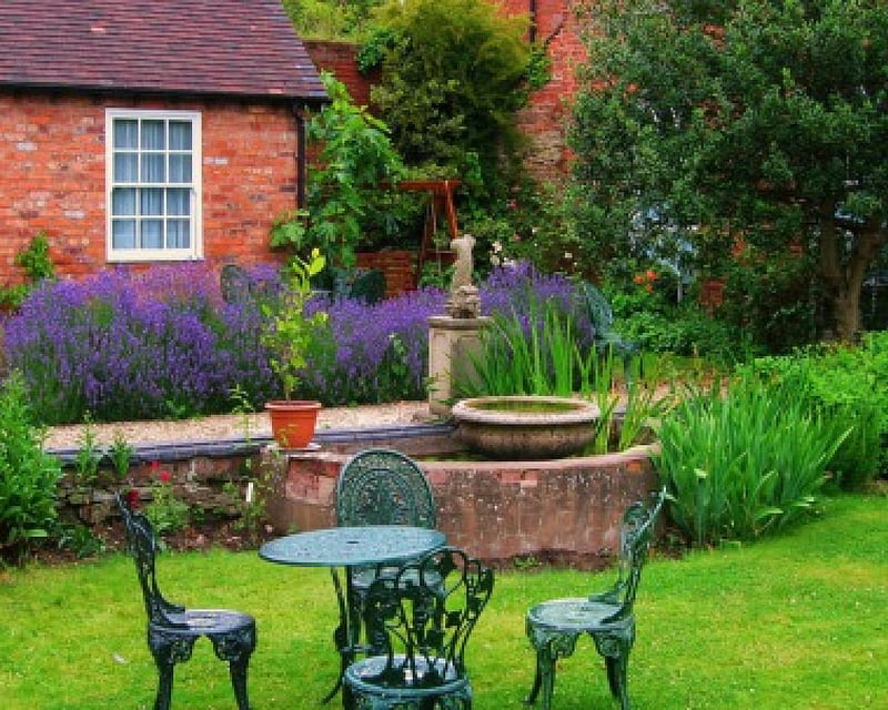 Lavender cottage, charming, Lavender, garden, garden furniture, yard, HD wallpaper