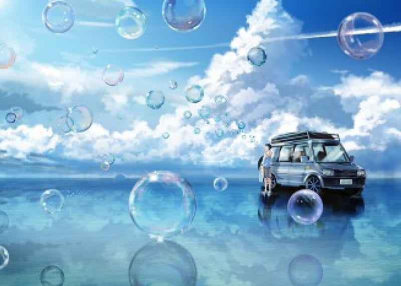 Bubbles, pretty, splendid, bonito, magic, sweet, nice, fantasy, anime, car, painting, beauty, reflection, scenery, gorgeous, blue, art, bubble, cloud, male, lovely, sky, abstract, motorcar, boy, water, cool, drawing, magical, awesome, white, scene, HD wallpaper