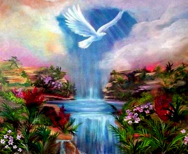 Heavenly, White, Waterfall, Clouds, Bird, Trees, HD wallpaper