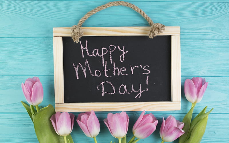 Mothers Day, international holiday of mothers, May 13, 2018, greeting, pink tulips, blue wooden background, HD wallpaper
