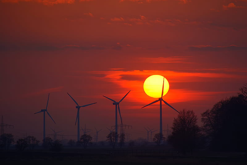 Wind Turbines Evening Sunlight Energy Sunset, wind-farm, sky, clouds, wind, farm, field, nature, HD wallpaper