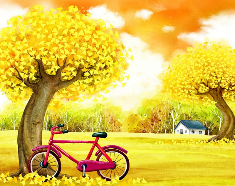 Yellow land, house, yellow, bike, trees, field, HD wallpaper