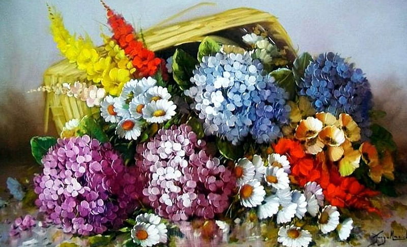 Flower Basket, red, colors, yellow, lilacs, artwork, daisies, still life, painting, blossoms, white, blue, HD wallpaper