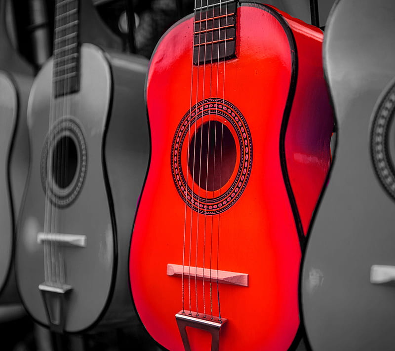 red guitar, acoustic, instrument, music, new, nice, strings, HD wallpaper