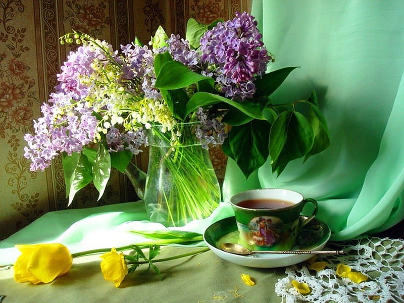 Blooming lilac and coffee, rose, vase, spring, floral, still life, green, coffee, liliac, cup, flowers, arrangement, petals, tulips, blooming, porcelain, HD wallpaper