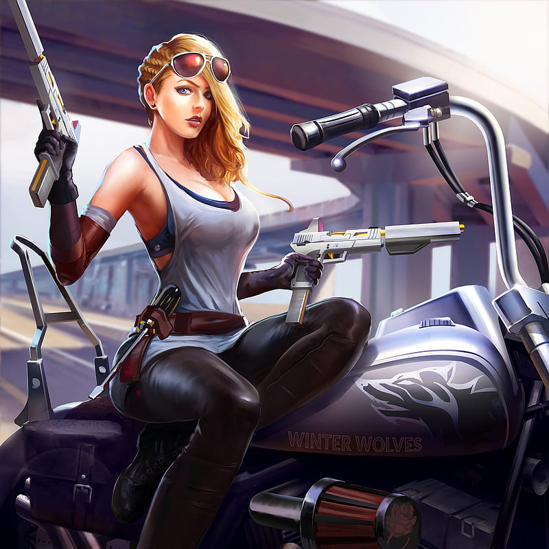 women, futuristic, motorcycle, gun, girls with guns, HD phone wallpaper