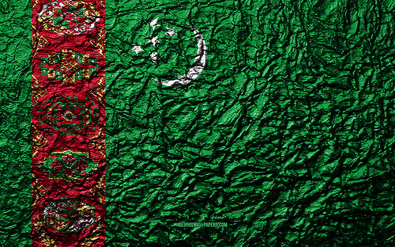Flag of Turkmenistan stone texture, waves texture, Turkmenistan flag, national symbol, Turkmenistan, Asia, stone background, HD wallpaper